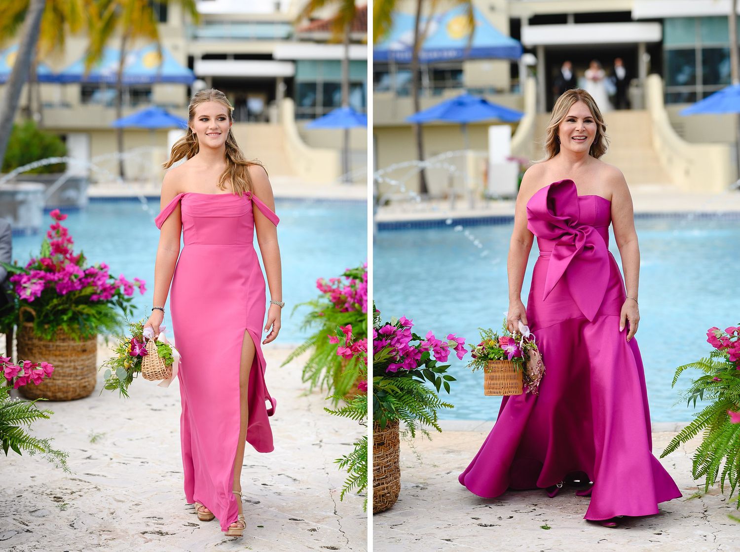 Two women in elegant pink gowns pose near a tropical pool at a beach wedding venue.