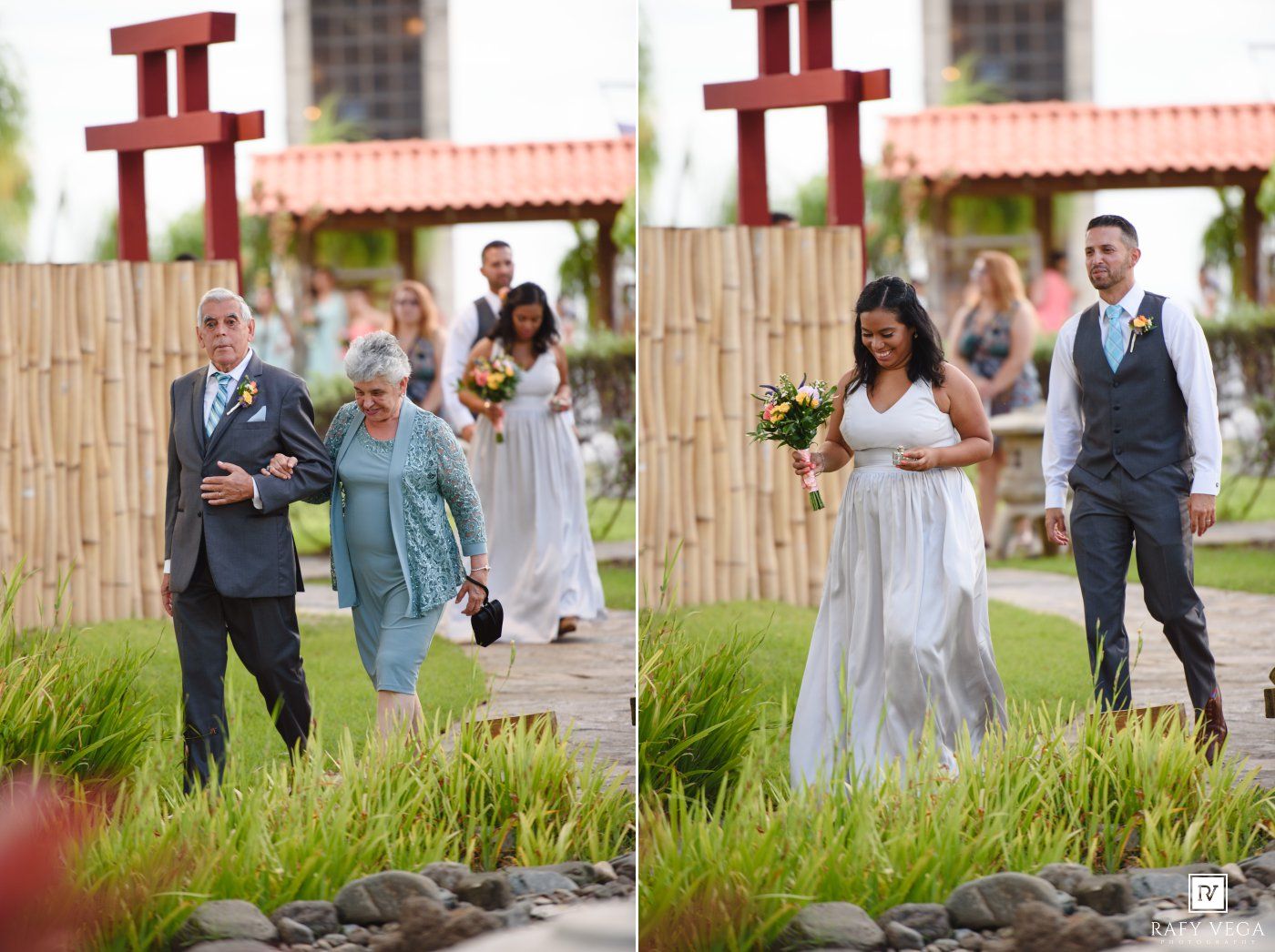 Bride in white gown escorted by parents at an outdoor wedding ceremony with bamboo decor.