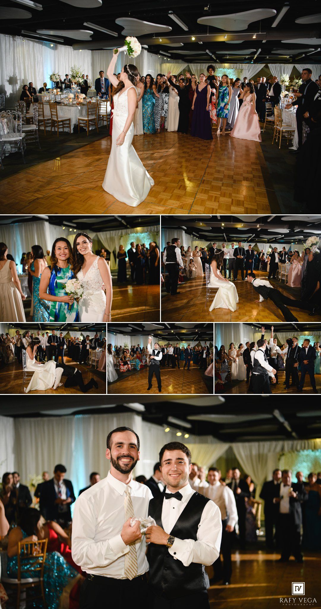 Bride tosses bouquet at elegant wedding reception while groom holds garter, guests gathered on dance floor.