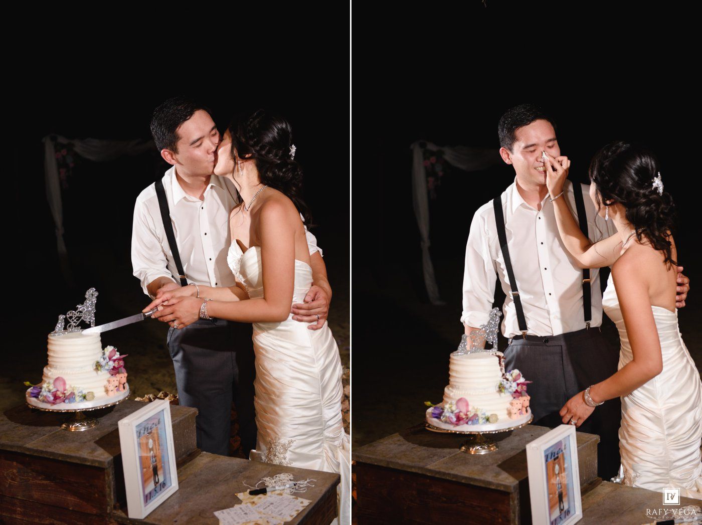 Bride and groom cutting their white wedding cake and sharing a sweet moment at their outdoor reception.