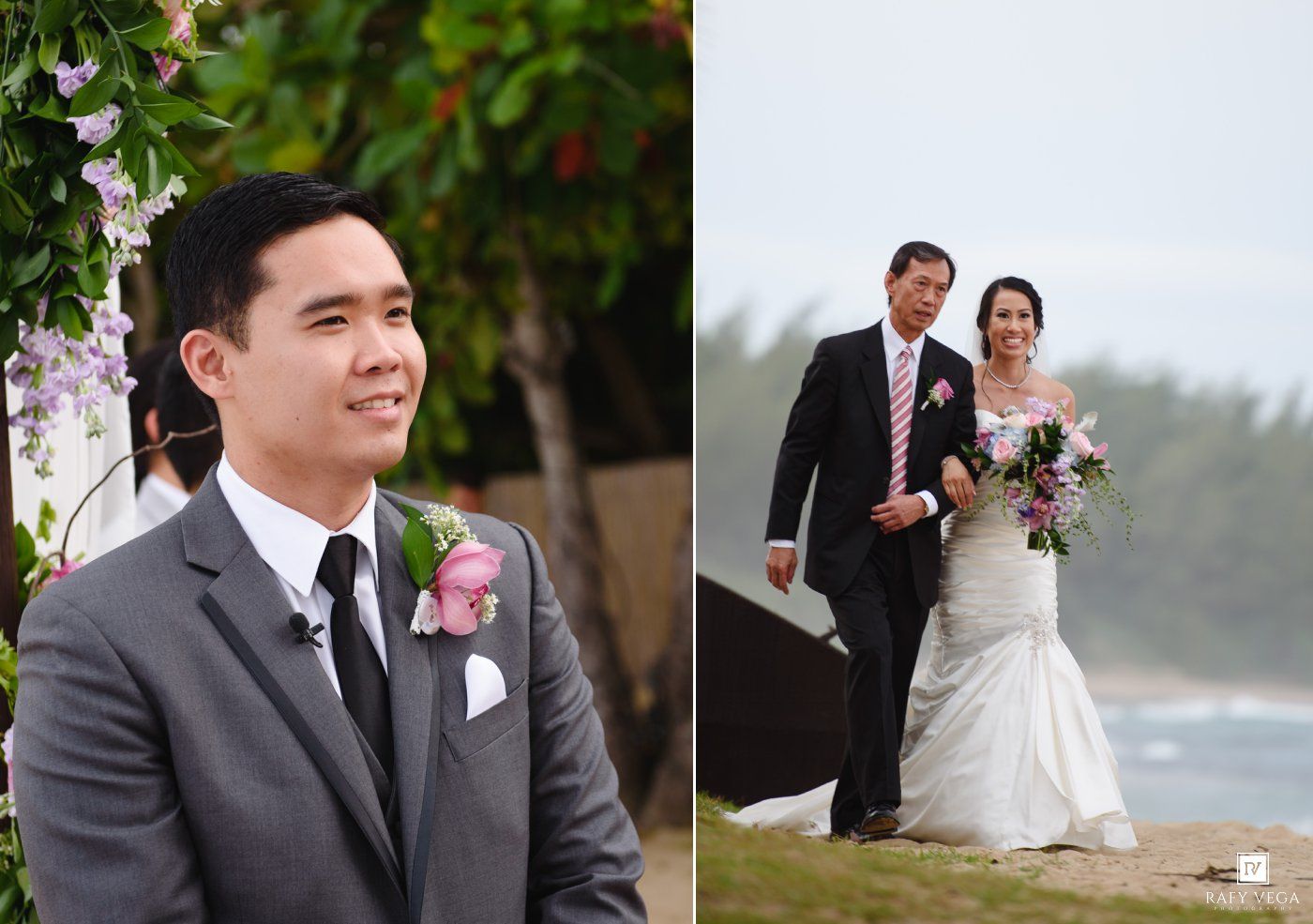 Groom in gray suit smiles at altar as bride walks down aisle with father at outdoor beach wedding ceremony.