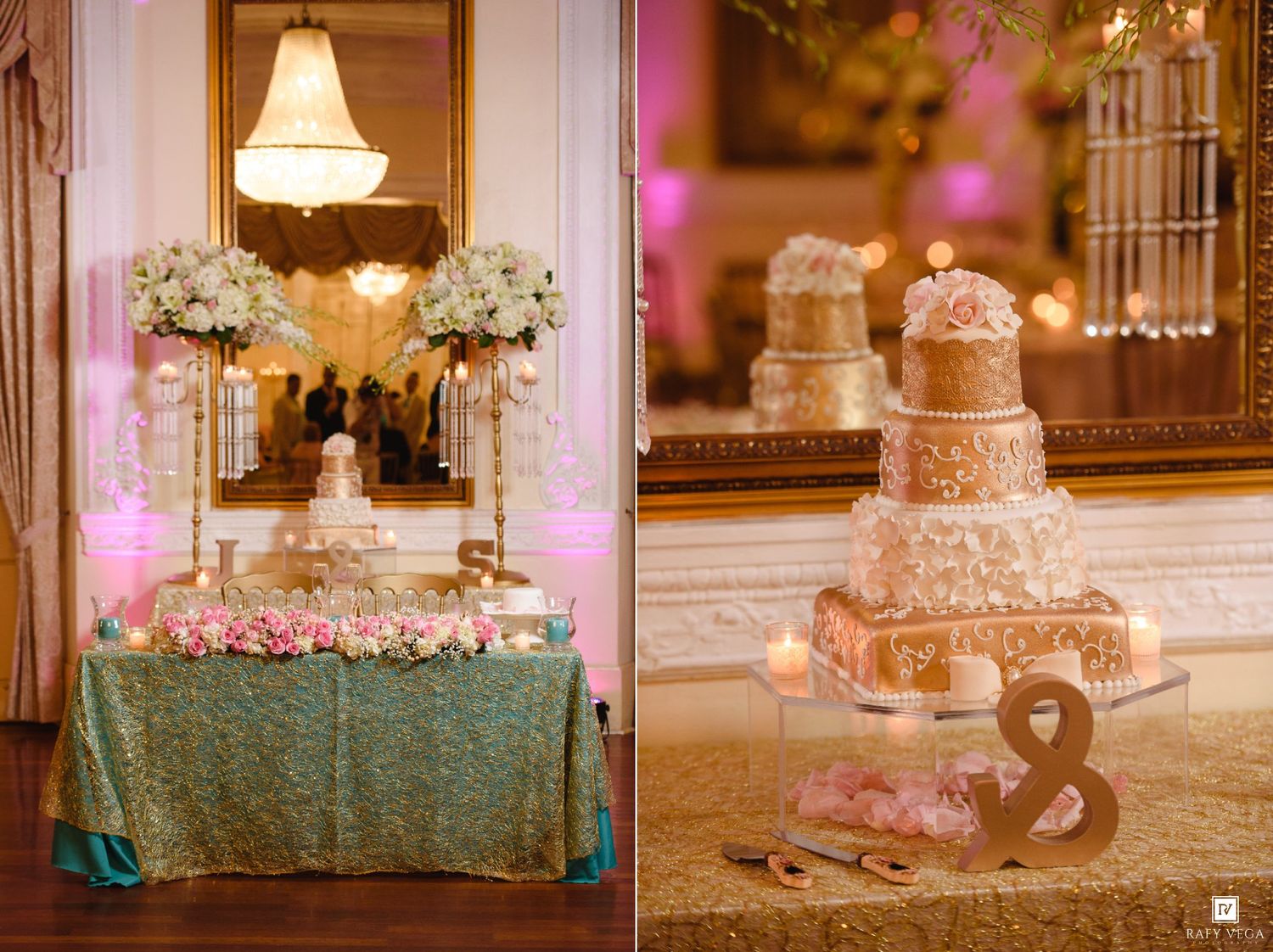 Elegant wedding cake display with floral arrangements on teal tablecloth beside ornate multi-tier rose gold cake.