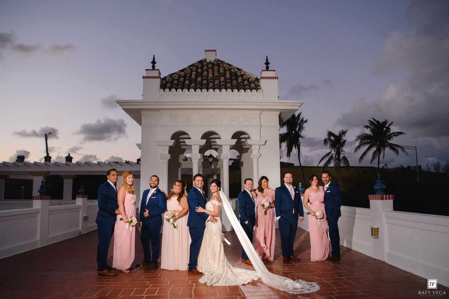 Wedding party poses at dusk outside white Mediterranean venue, bridesmaids in pink gowns, groomsmen in navy suits.