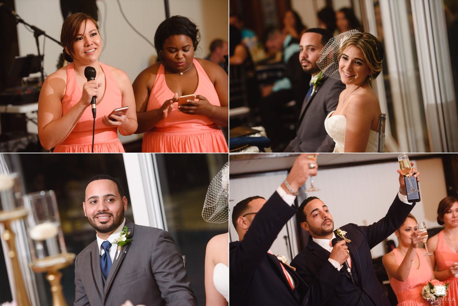 Wedding reception collage featuring bridesmaids giving toast, smiling bride and groom, and groomsmen celebrating with drinks.
