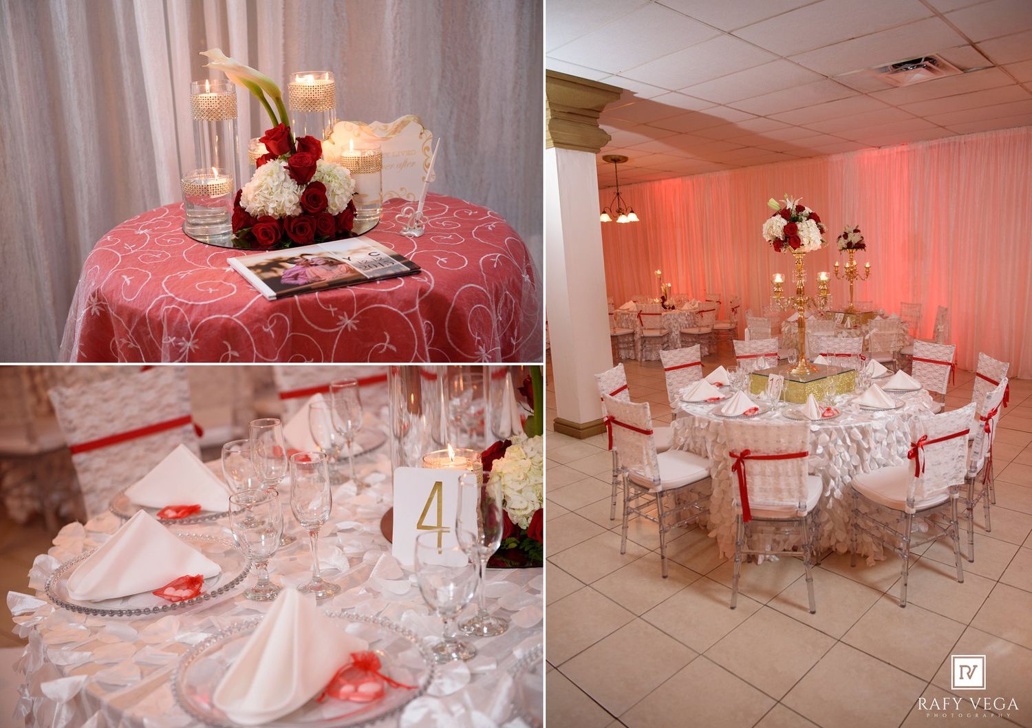 Elegant wedding reception venue with red and white decor, floral centerpieces, crystal glassware, and candlelit tables.