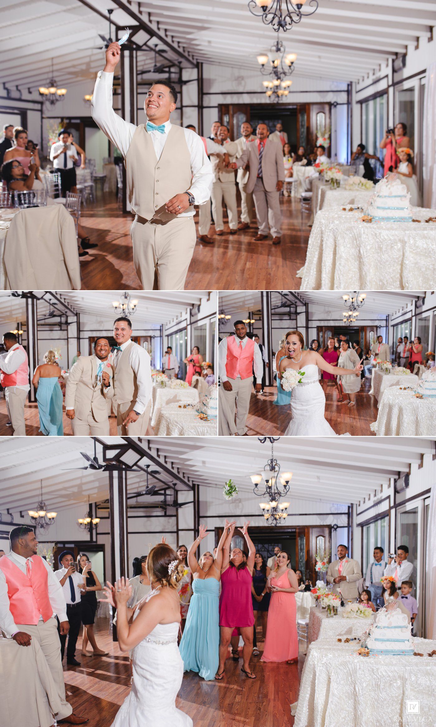 Groom tosses garter at elegant wedding reception with bridesmaids in coral and teal dresses on dance floor.