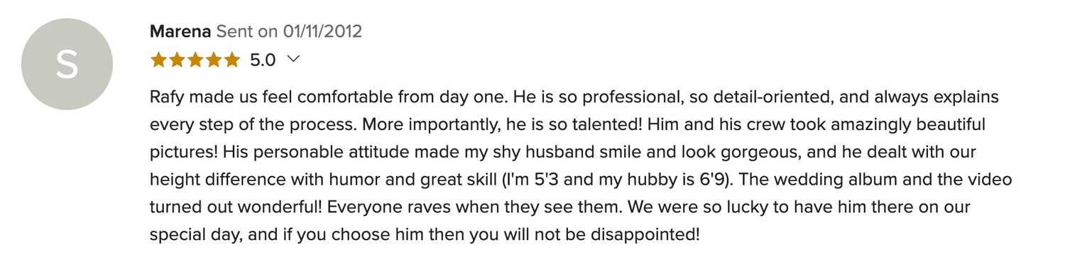 Five-star customer review praising a professional photographer for detail-oriented service and beautiful wedding album results.