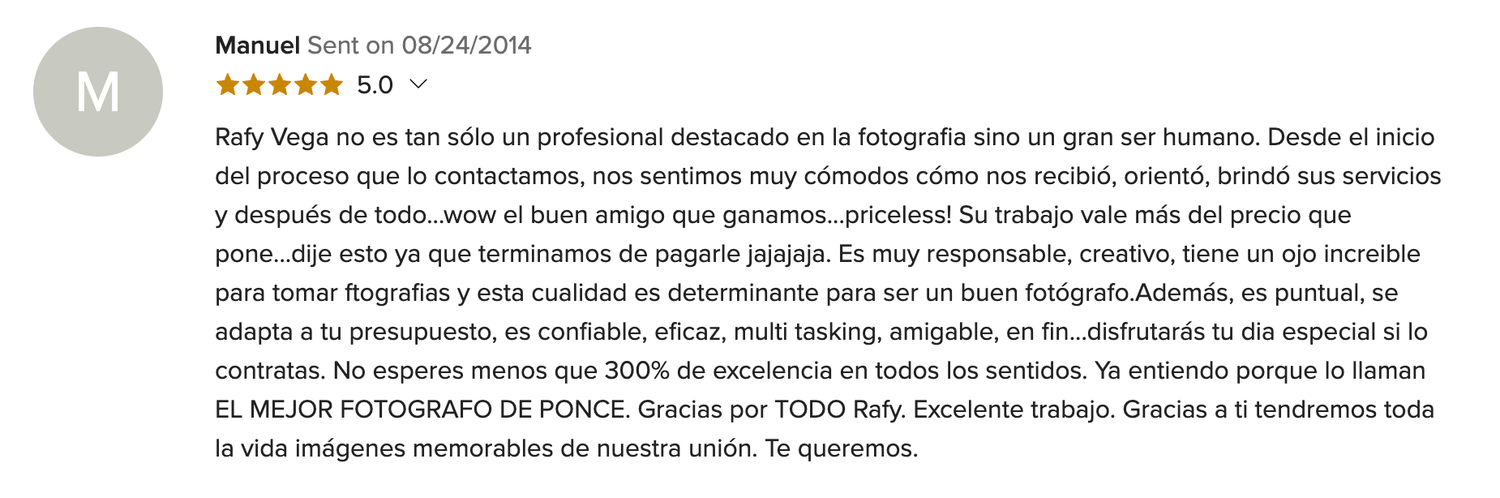 Five-star customer review praising a photographer named Roly for exceptional service, professionalism, and beautiful wedding photos.