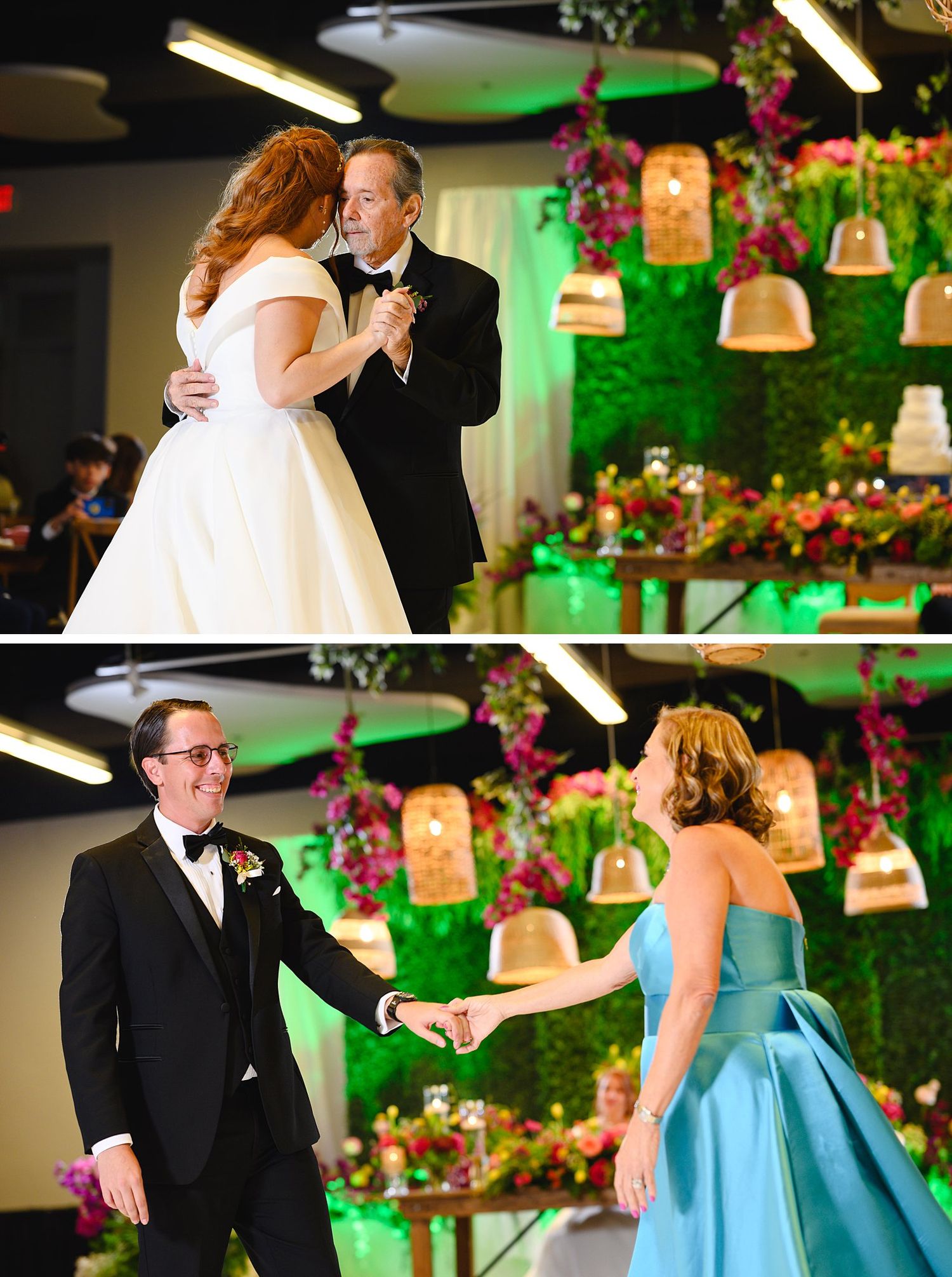 Bride dances with father in elegant wedding reception with green floral wall backdrop and hanging pendant lights.