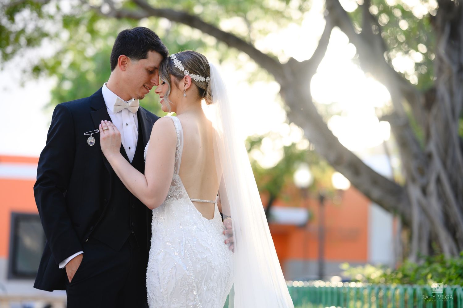Bride and groom share an intimate moment outdoors near a large tree, bride wearing a backless lace gown with veil.
