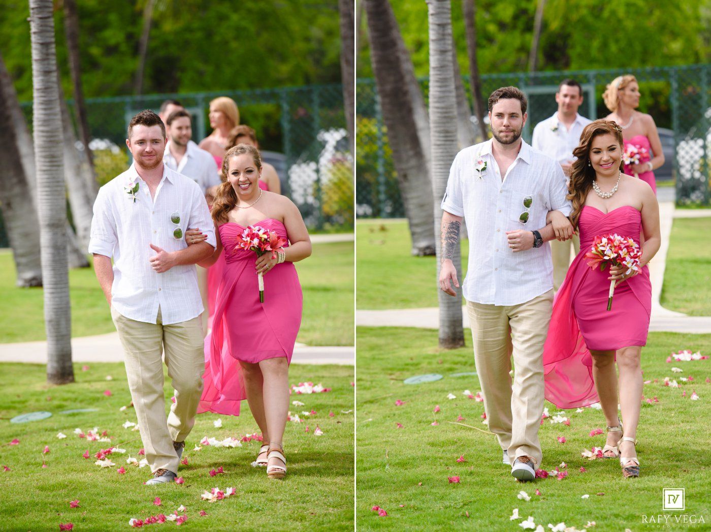 Wedding party walks down outdoor aisle in tropical venue, bridesmaids in pink dresses.