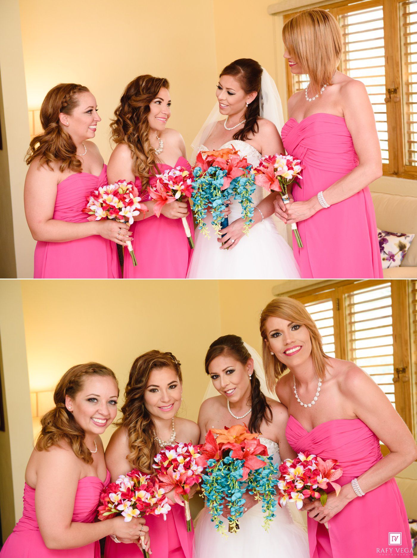 Bride in white gown with bridesmaids in pink dresses holding colorful coral and teal bouquets at a wedding.
