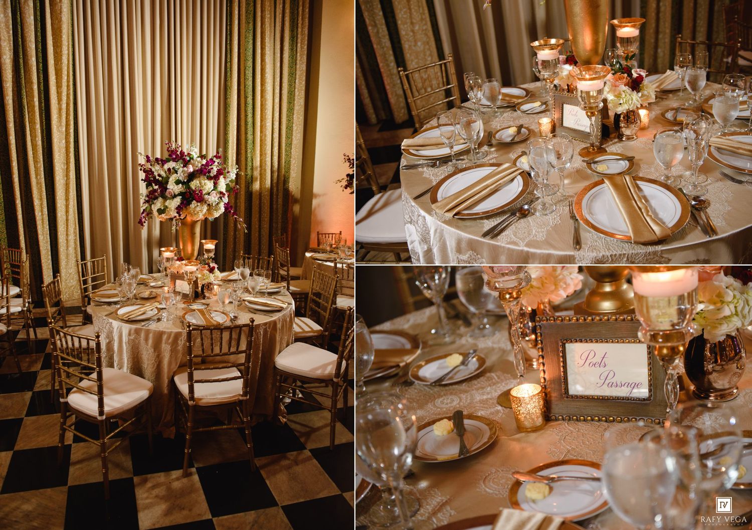 Elegant wedding reception tables with gold chiavari chairs, floral centerpieces, candles, and gold-rimmed place settings on round tables.