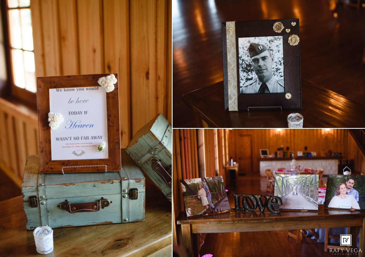 Vintage wedding memorial display with antique suitcase, framed photo, love letters, and decorative signs on rustic wooden table.