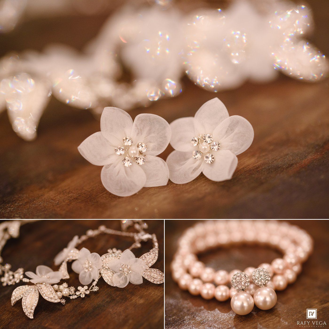 Elegant white floral crystal stud earrings displayed on wood, with pearl bracelet and rhinestone leaf necklace below.