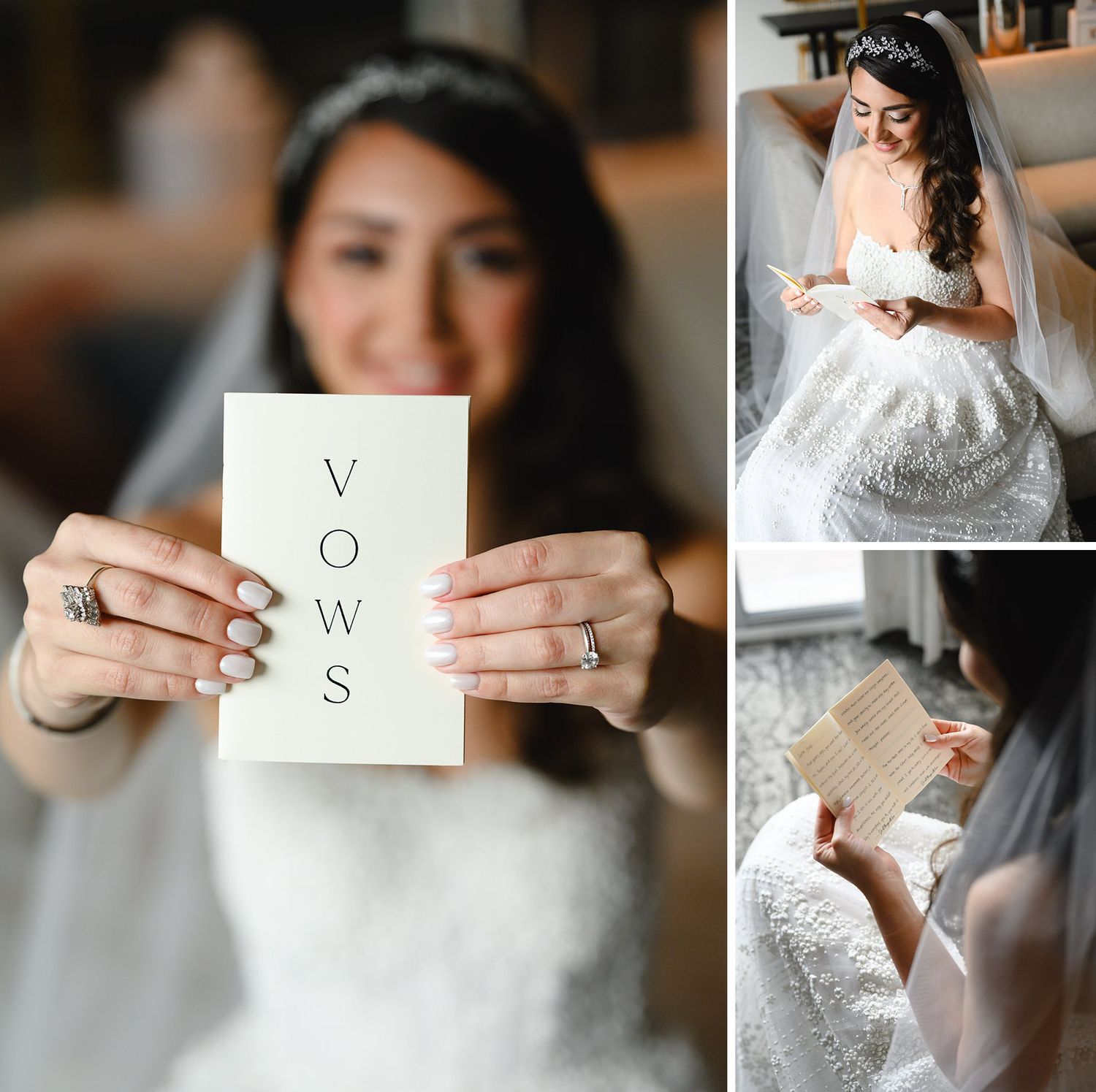 Bride in white gown holds vows card, reads heartfelt letter before wedding ceremony in elegant bridal suite.
