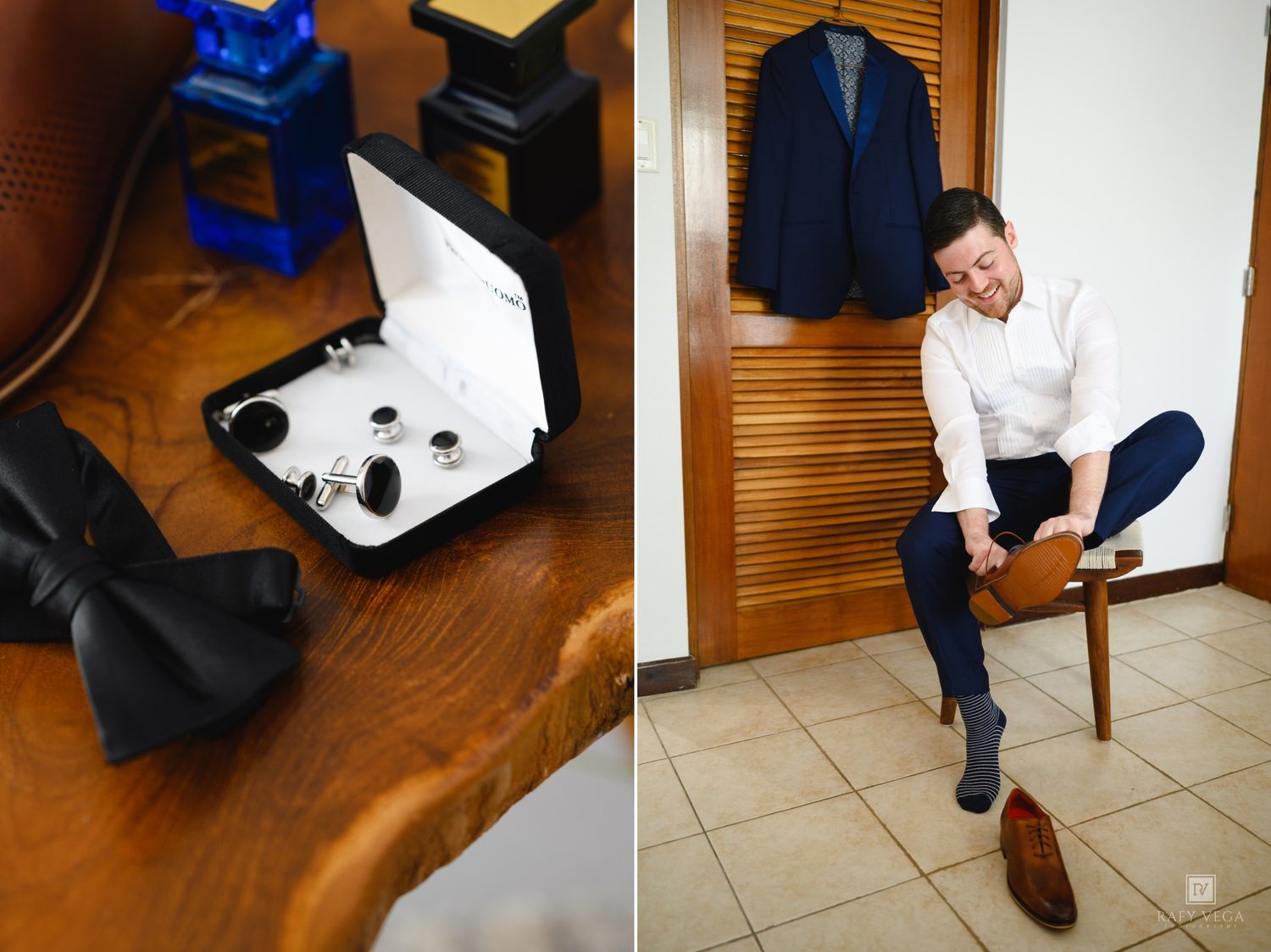 Groom getting ready, putting on brown dress shoes beside cufflinks and black bow tie on wooden table.