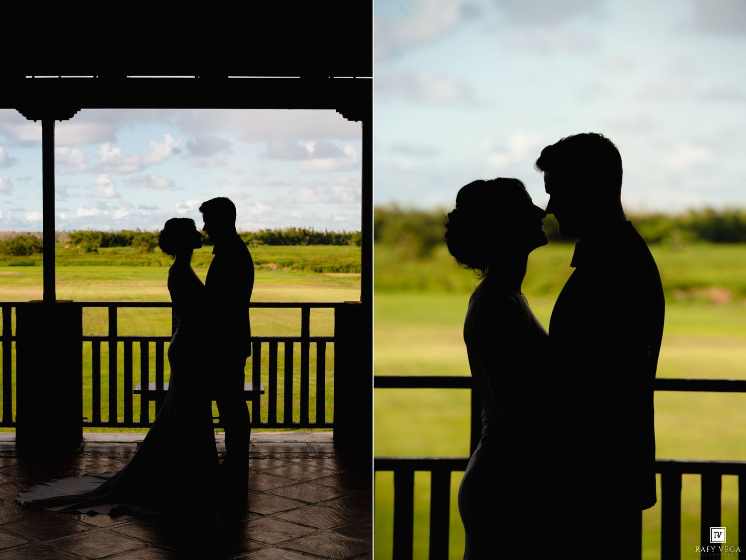Silhouette of a bride and groom sharing a romantic moment on a covered porch overlooking a lush green landscape.