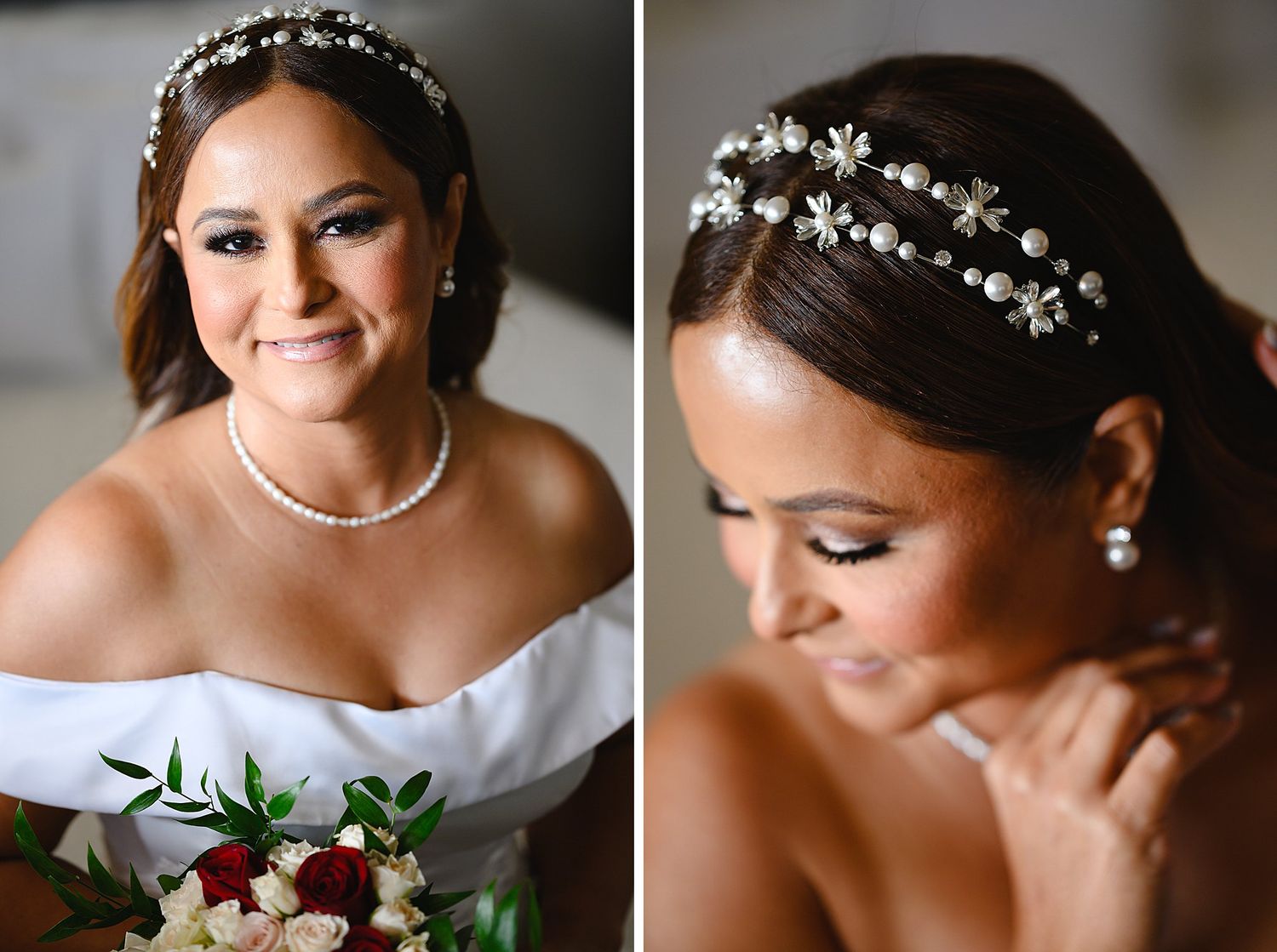 Bride wearing pearl headband and off-shoulder gown holds bouquet, with close-up detail of floral hair accessory.