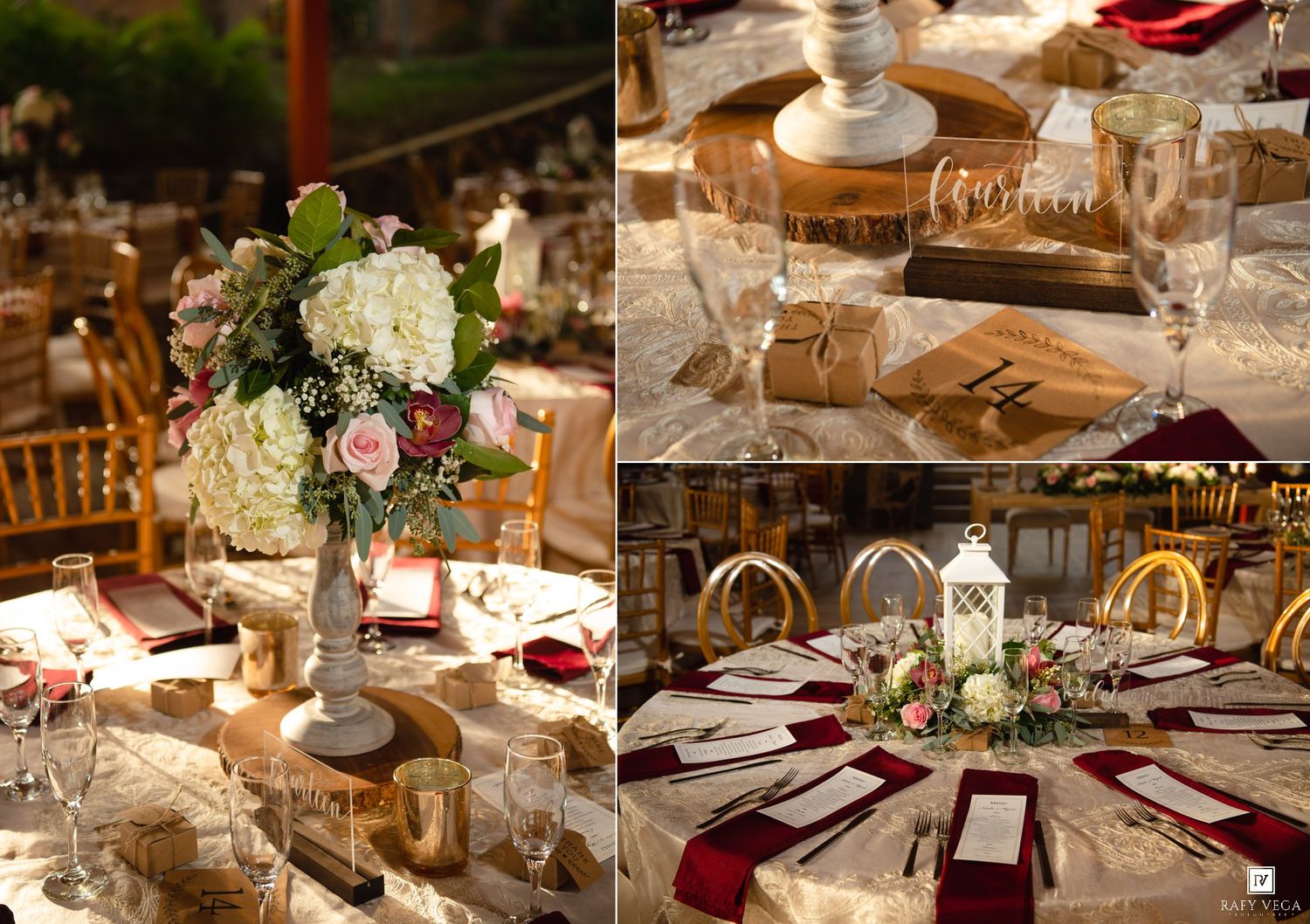 Elegant wedding reception tables with floral centerpieces, burgundy napkins, lanterns, and personalized place settings.
