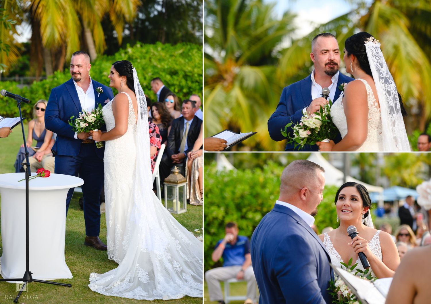 Outdoor wedding ceremony with bride in white gown and groom in navy suit exchanging vows under palm trees.