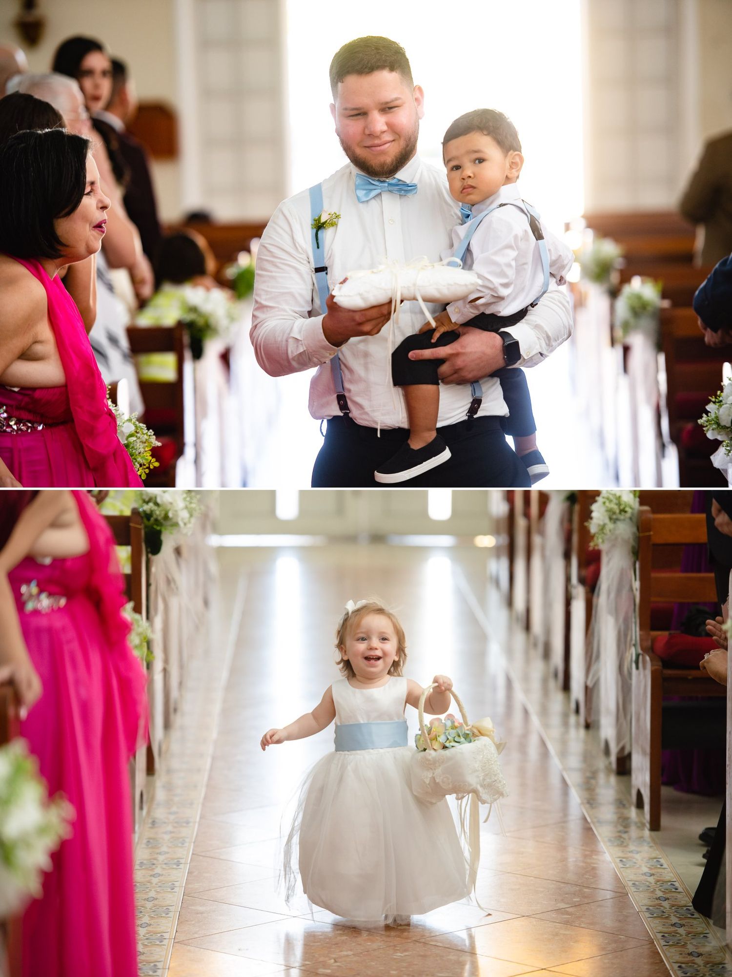 A ring bearer held by a groomsman and a flower girl walking down the aisle at a church wedding ceremony.
