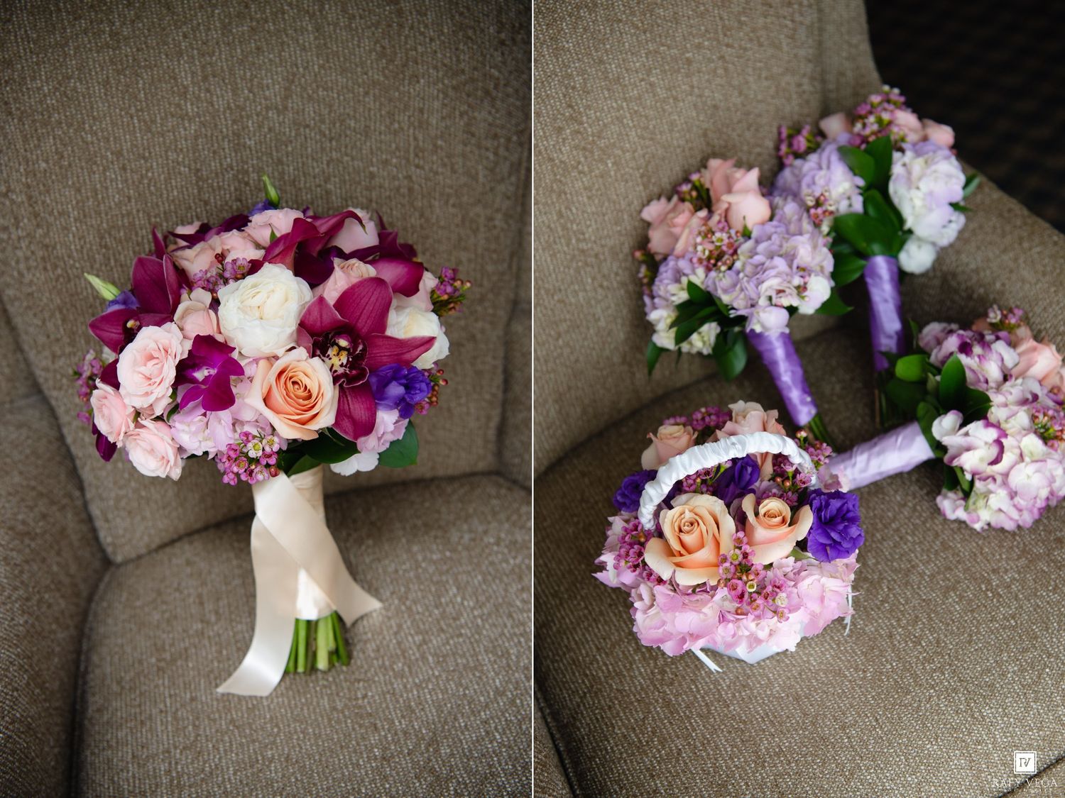 Purple and pink wedding bouquets with roses and orchids displayed on a gray chair.