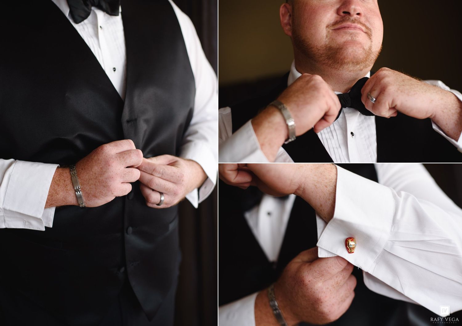 Groom in black tuxedo adjusting bow tie and cufflinks while getting ready for wedding ceremony.