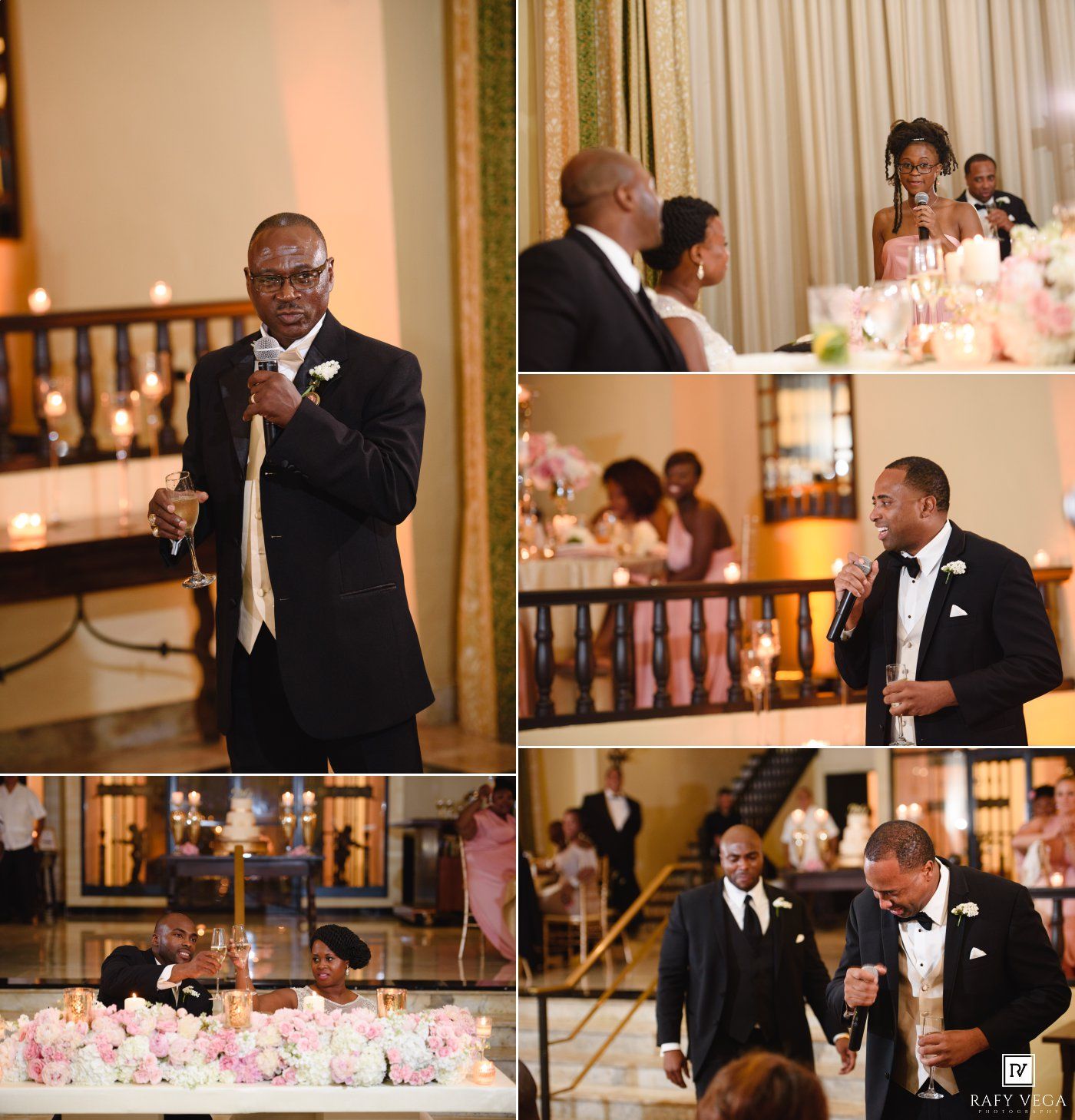 Elegant wedding reception featuring guests giving toasts, floral centerpieces, and well-dressed attendees celebrating in a grand ballroom.