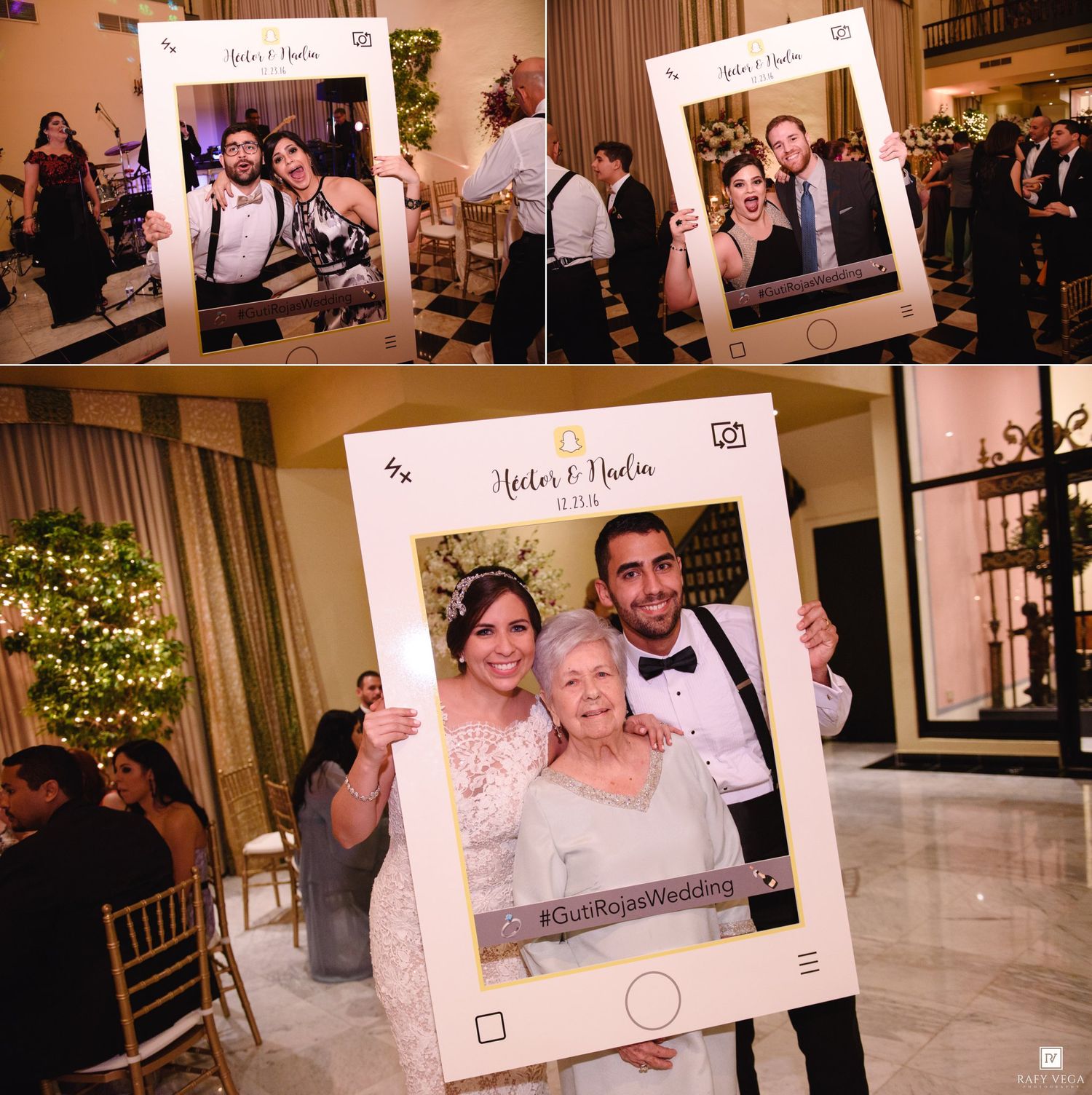 Bride and groom pose with guests using a decorative Instagram photo frame prop at an elegant wedding reception.