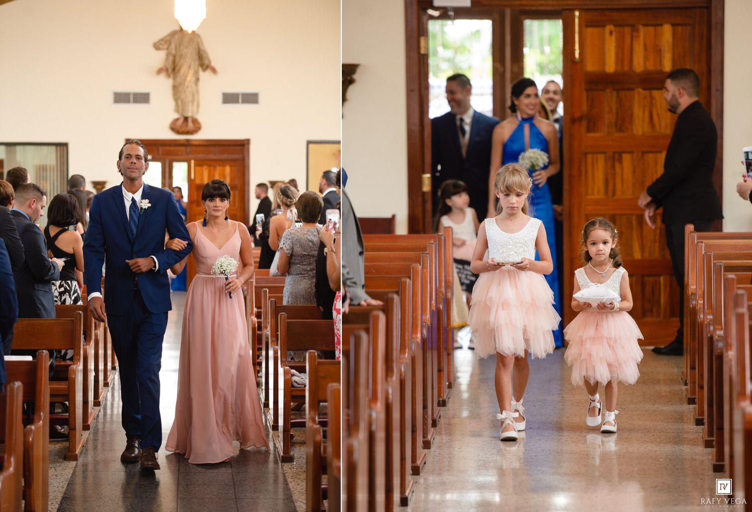 Wedding processional with bridesmaids and flower girls walking down church aisle in pink dresses during ceremony.