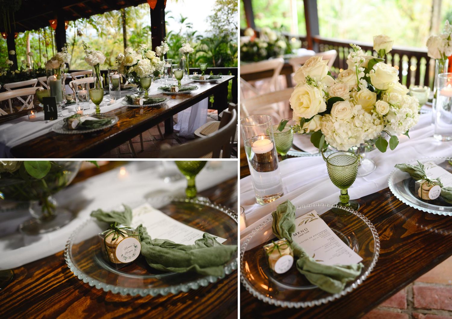Elegant outdoor wedding reception table with white floral centerpieces, green napkins, and glass charger plates on wood tables.