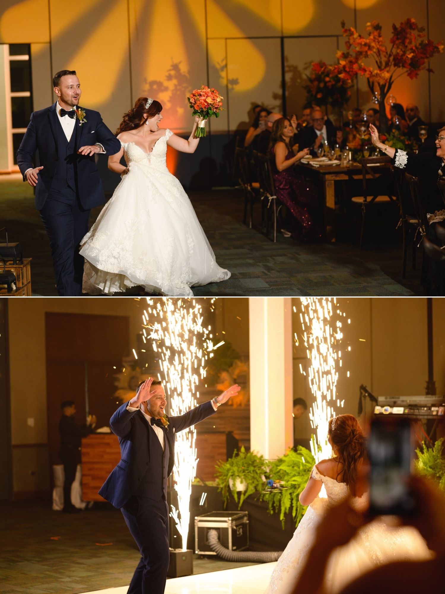 Bride and groom make grand wedding reception entrance with sparklers, guests applauding in elegant venue.