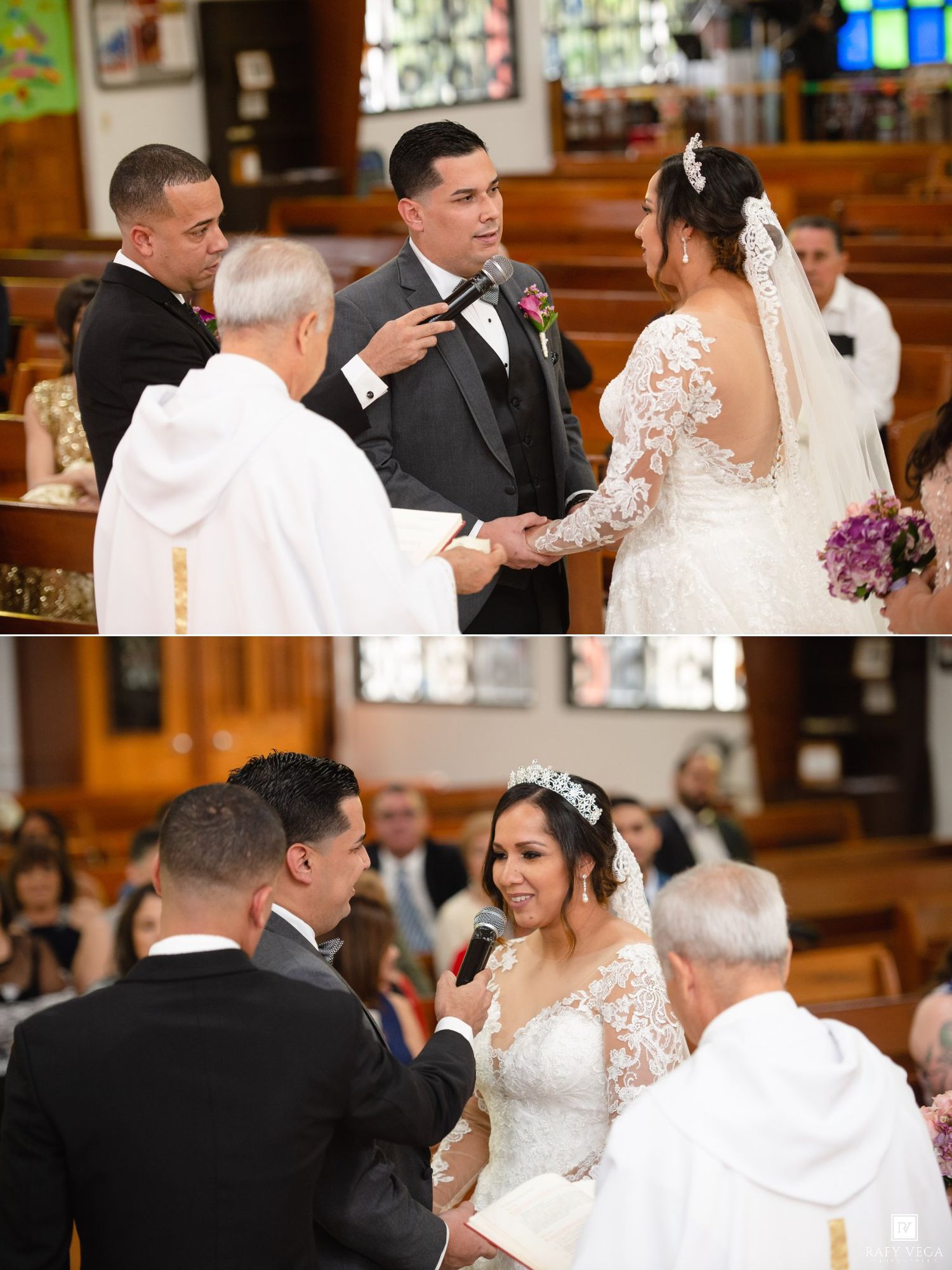 Bride and groom exchange vows at church altar during wedding ceremony, bride in lace gown holding bouquet.