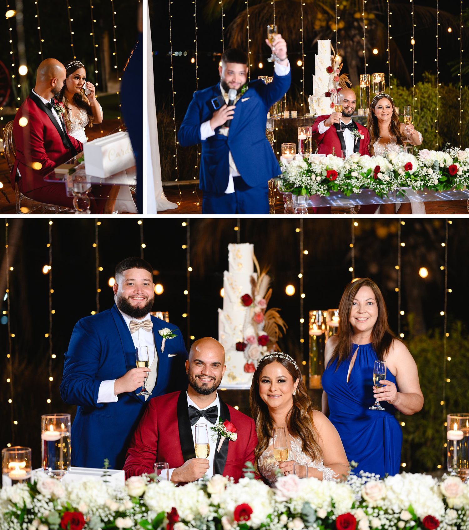 Elegant wedding reception with guests in formal attire, toasting with champagne near a decorated cake and floral arrangements.