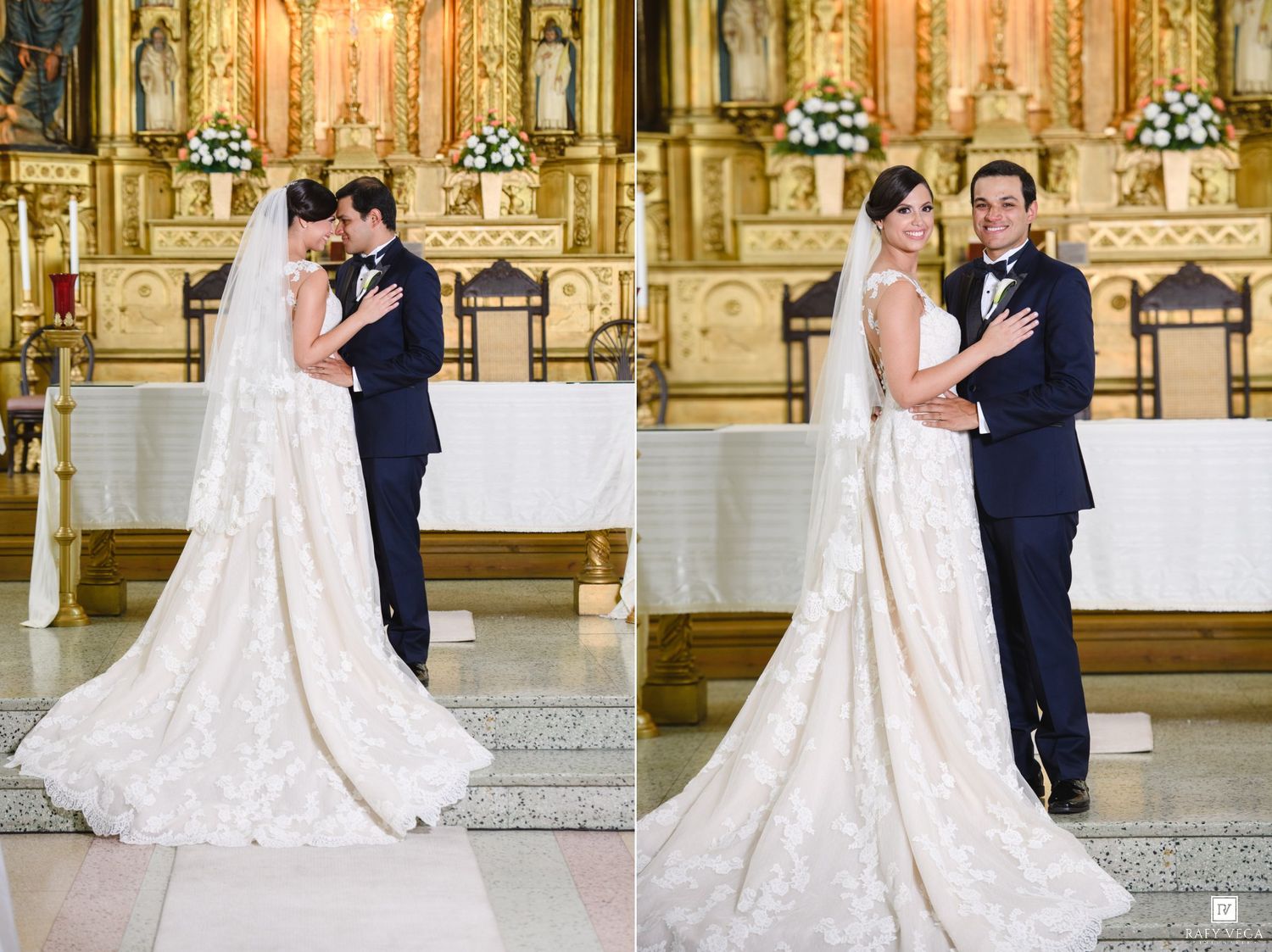 Bride and groom share their first kiss at the altar of a ornate church during their wedding ceremony.
