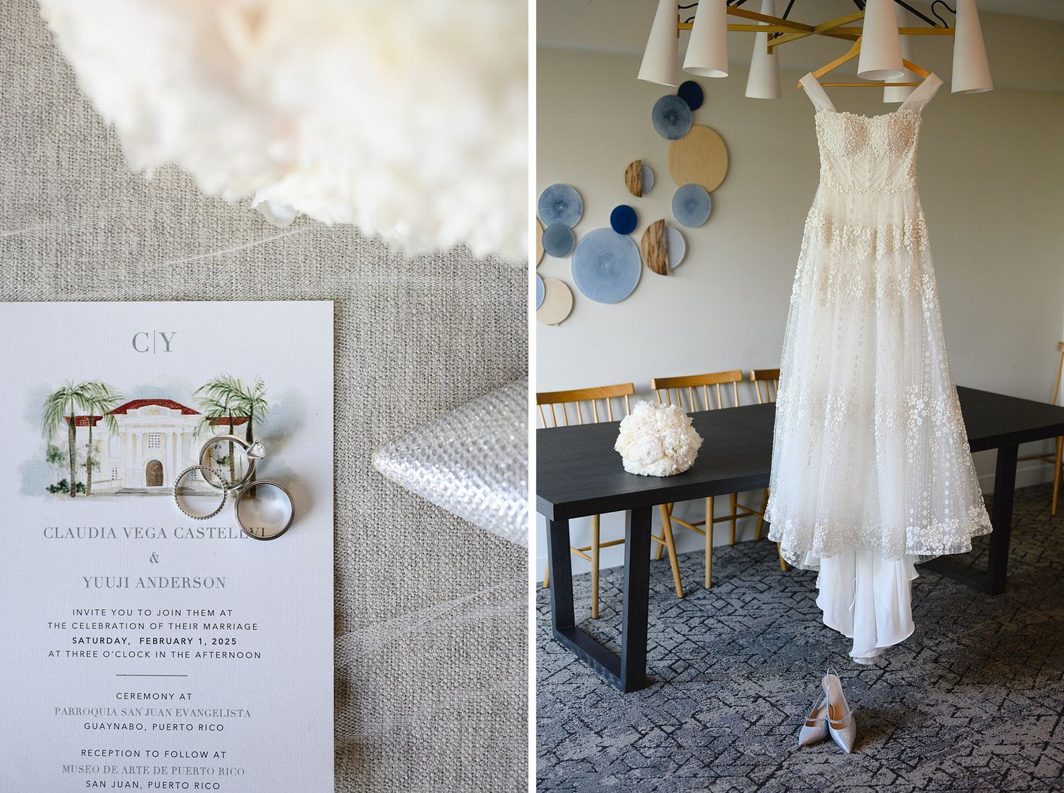 Wedding invitation with rings and floral details beside a lace bridal gown hanging near a window with blue wall decor.