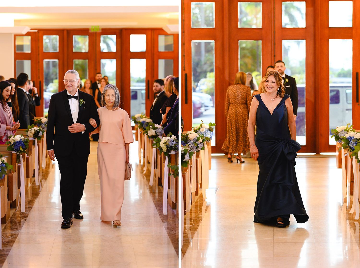 Elegantly dressed wedding guests walk down a church aisle during a formal ceremony processional.