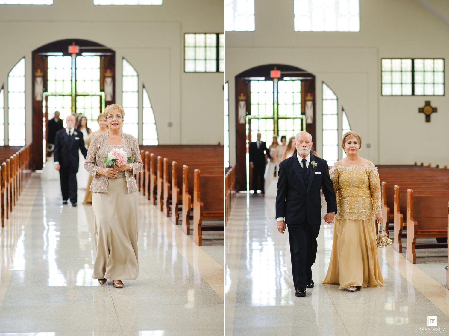 Elegantly dressed wedding guests walk down the church aisle during a formal ceremony procession.