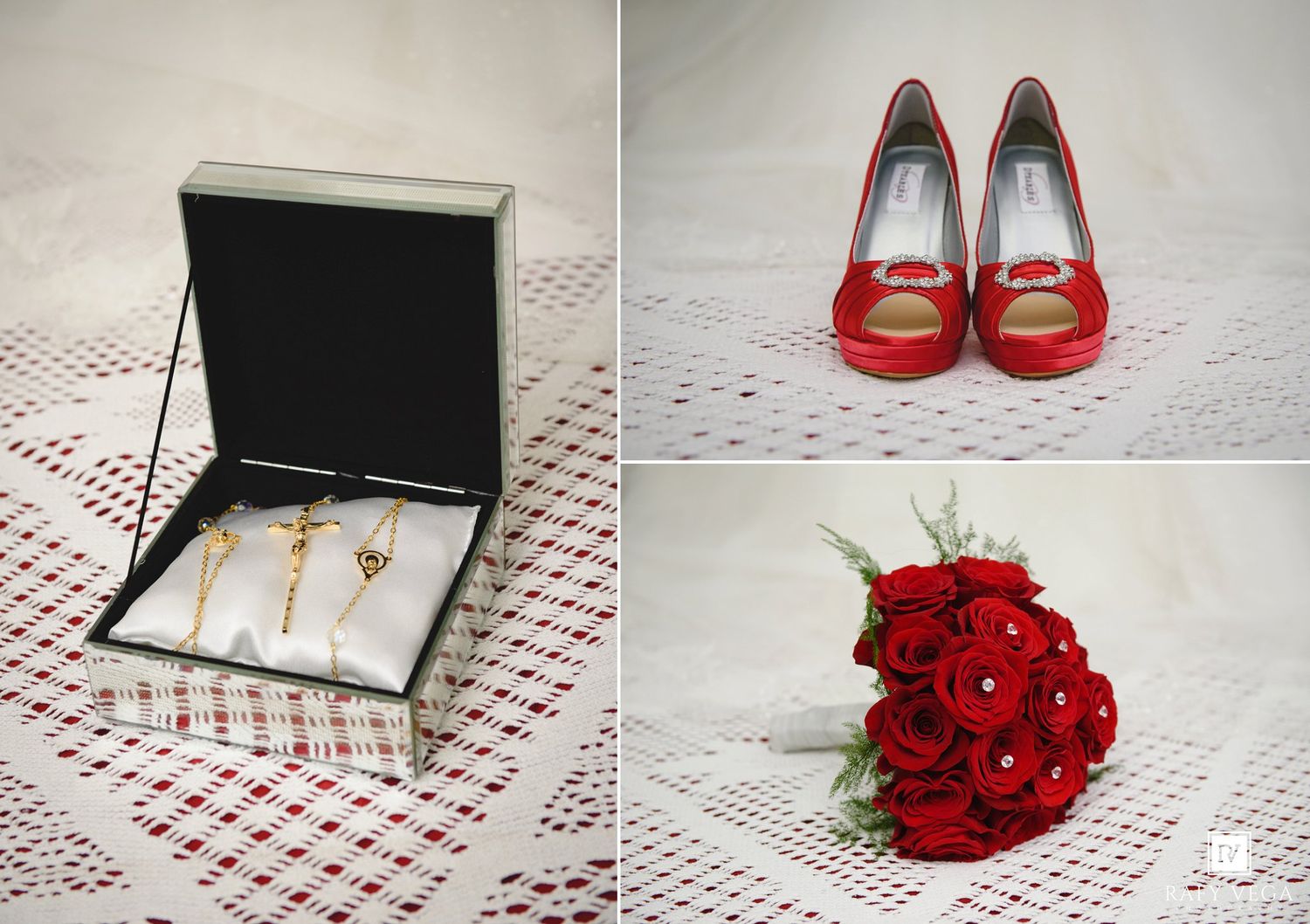 Red bridal accessories including gold jewelry in a black box, red peep-toe heels, and a red rose bouquet with pearls.