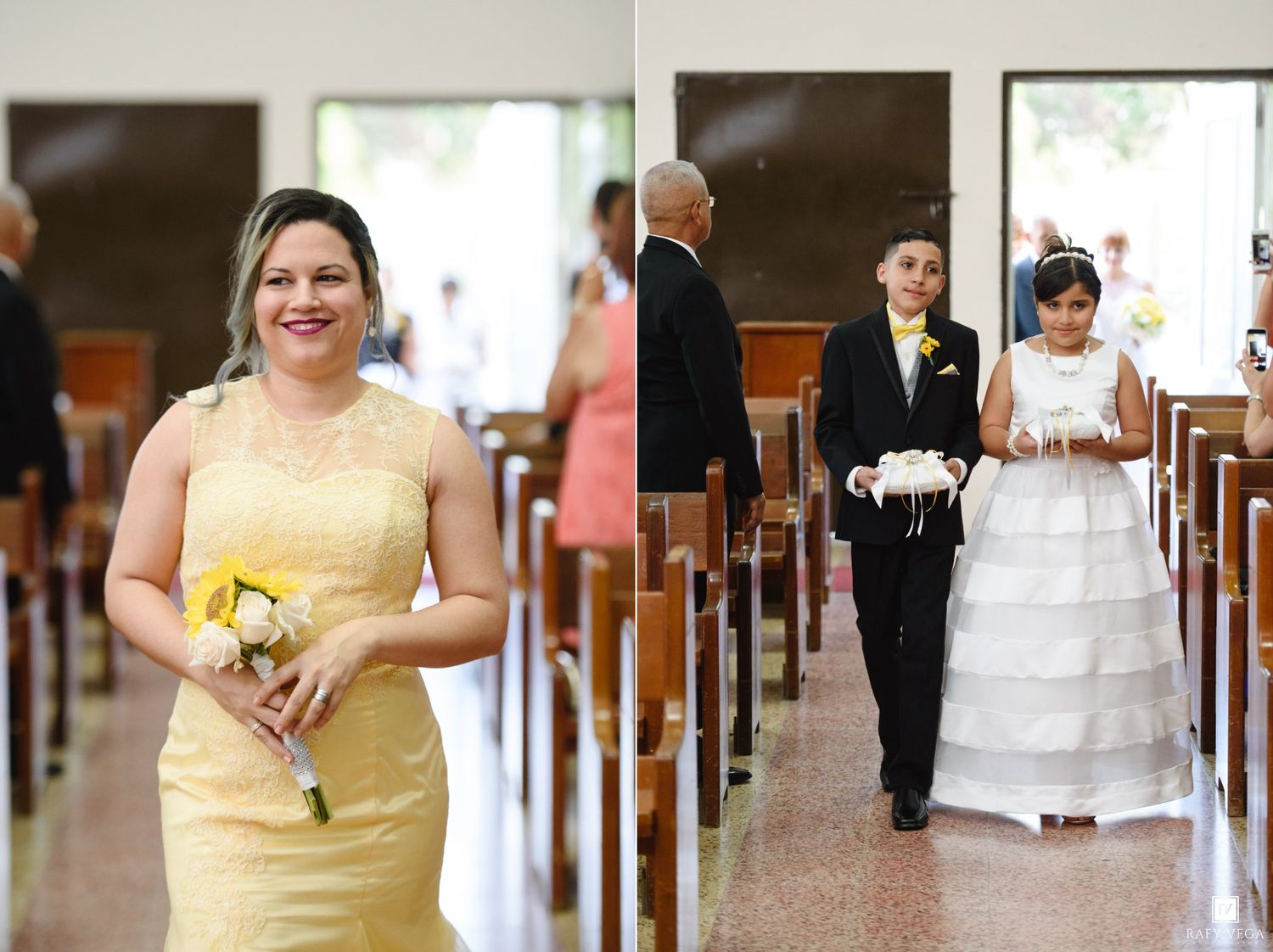 A woman in a yellow bridesmaid dress walks down the church aisle alongside a young boy in a wedding ceremony.