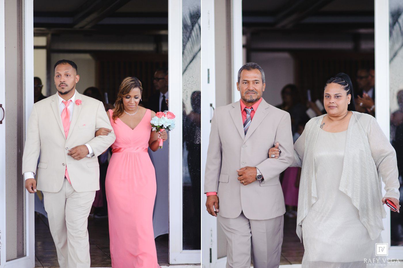 Couples in formal wedding attire walk through glass doors, wearing tan suits and a coral pink gown.