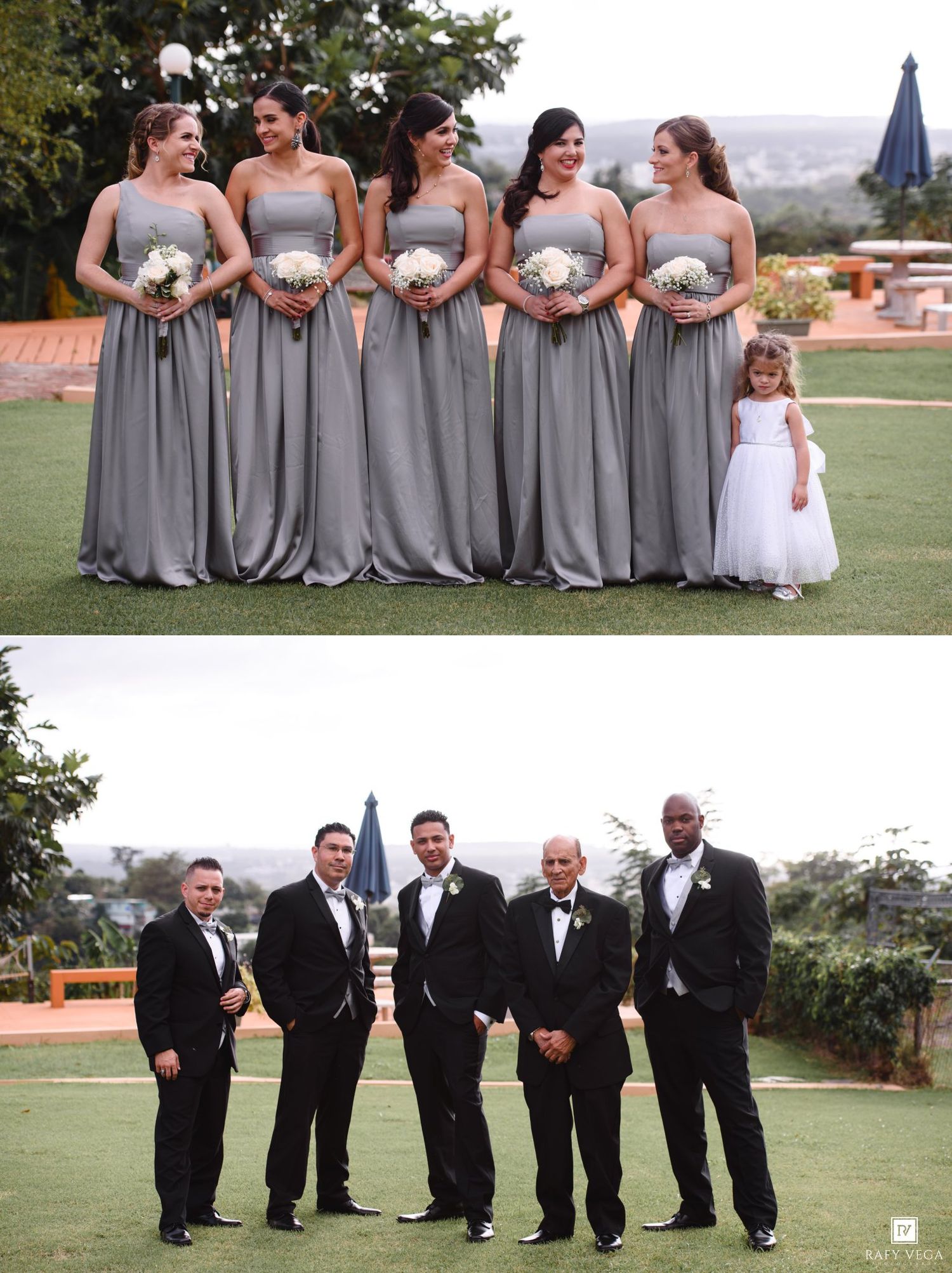 Bridesmaids in gray gowns holding bouquets and groomsmen in black tuxedos pose separately at an outdoor wedding.