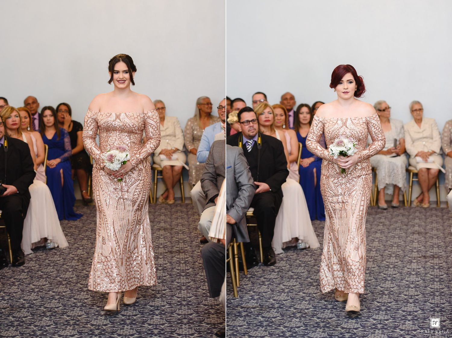 Bridesmaid in rose gold sequin gown walks down aisle holding white bouquet at elegant wedding ceremony.