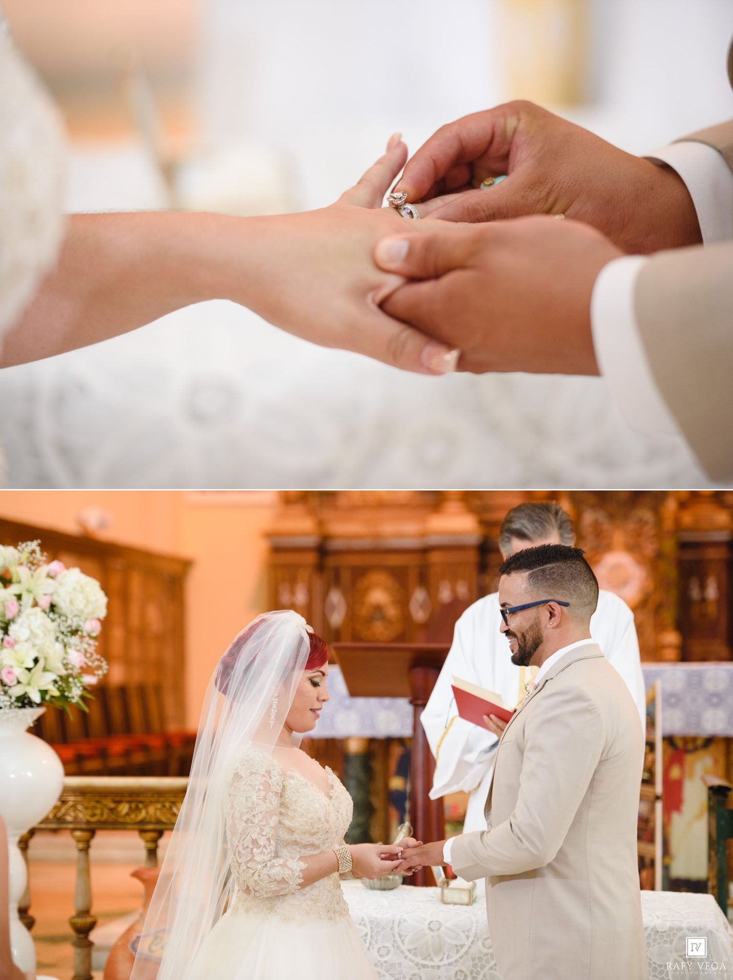 Bride and groom exchanging wedding rings during a church ceremony, with a priest officiating in the background.