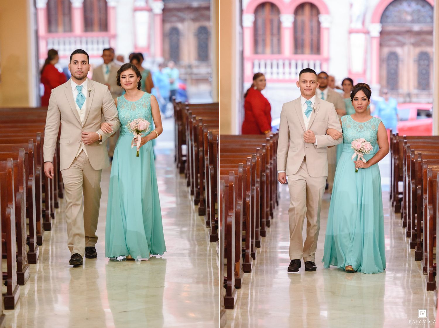Bridesmaids in teal gowns and groomsmen in tan suits walk down a church aisle during a wedding ceremony.