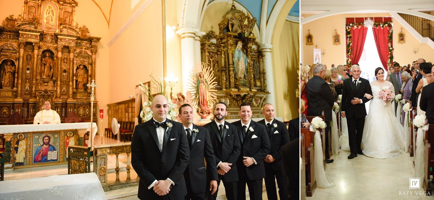 Groomsmen in black tuxedos stand at the altar during a traditional church wedding ceremony with ornate golden decor.
