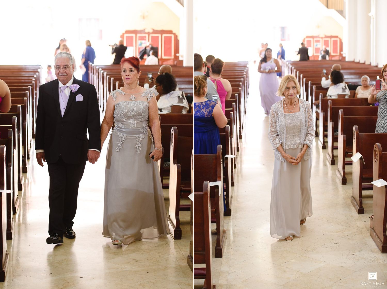 Elegant wedding processional in a church with guests in silver gowns walking down the aisle.