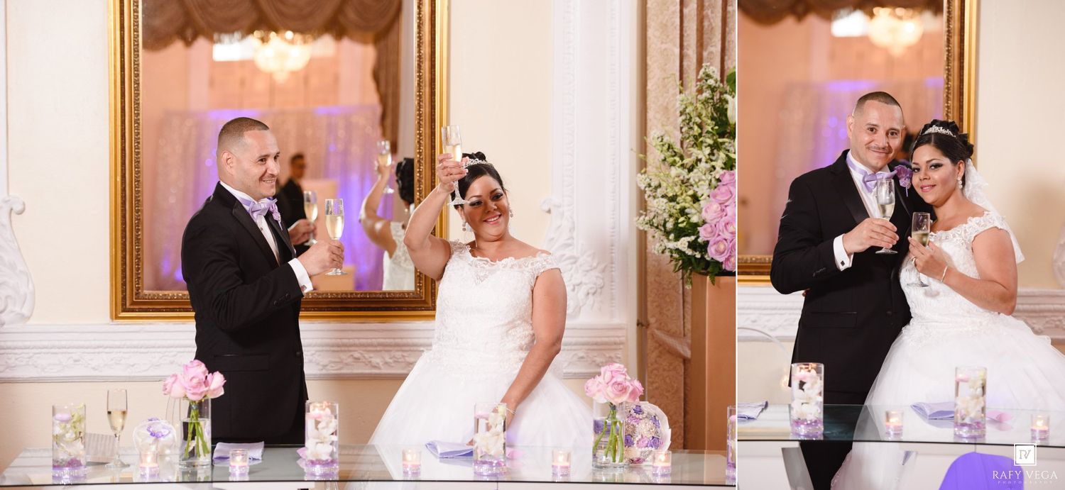 Bride and groom toasting with champagne glasses at elegant wedding reception with floral arrangements.