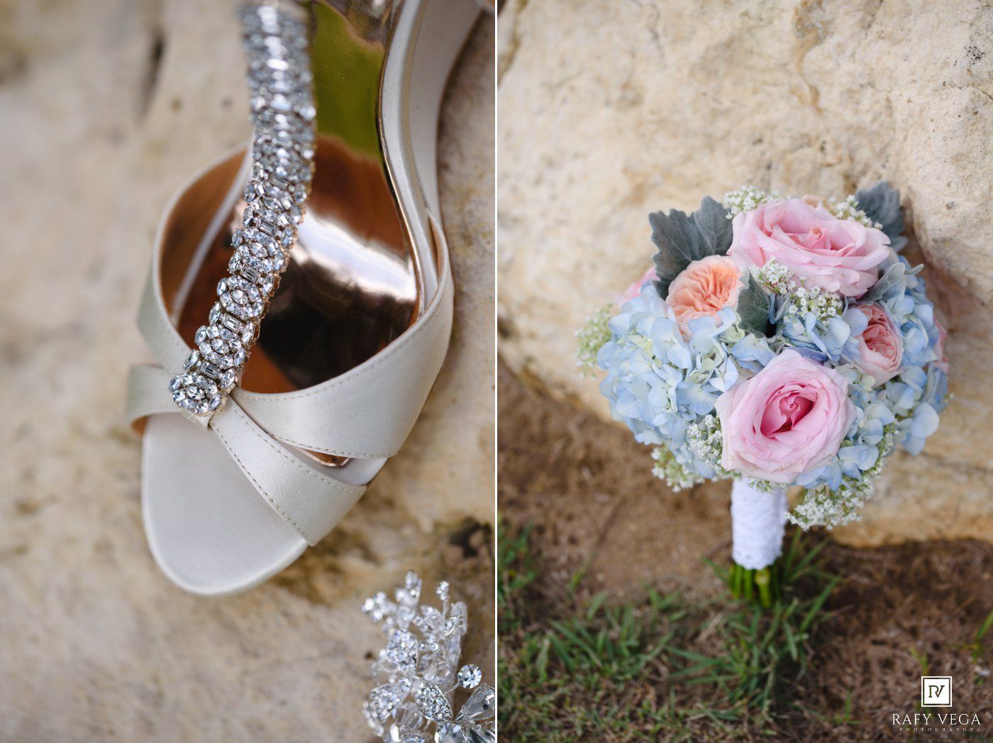 Elegant white bridal heels with crystal embellishments beside a pastel pink and blue wedding bouquet with roses.